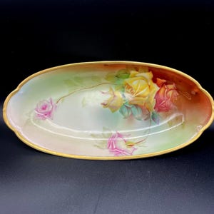 Antique Hand Painted Porcelain Oblong Serving Bowl, Thomas Sevres, Bavaria, Marechal Niels, signed by artist A. John, ca. early 1900s
