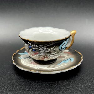Vintage Miniature Moriage Dragonware Teacup and Saucer, ca 1950s, Enesco labels, Japan