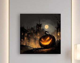 Haunted Pumpkin Night Canvas – Gothic Halloween Wall Art – Spooky Moonlit Decor