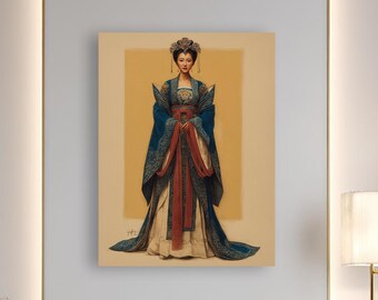 古代中国のカップルのキャンバスアート、伝統的な漢服の絵画