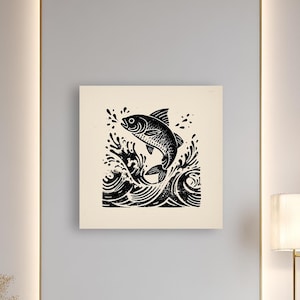 Vetgedrukte visinktkunst | Zwart-witte canvasafdruk | Minimalistisch oceaanmuurdecor