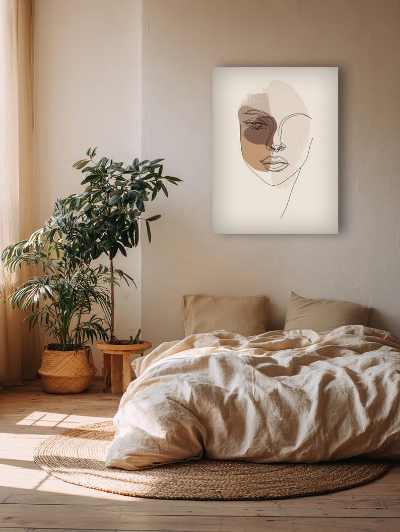 Minimalist Line Art Face Canvas – Neutral Abstract Woman Portrait Wall ...