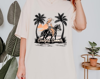 Cowgirl Summer Shirt, Retro Western Girl Shirt, Cowgirl Beach T-Shirt, Summer Cowgirl Tee, Riding Horse Cowgirl Tee, Horse Girl Beach Tee