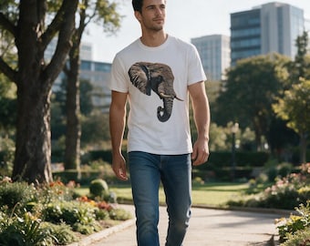 May include: A white short-sleeved t-shirt featuring a detailed graphic print of an elephant head on the chest, paired with blue denim jeans and light-colored sneakers. The shirt has a crew neckline and a standard fit.