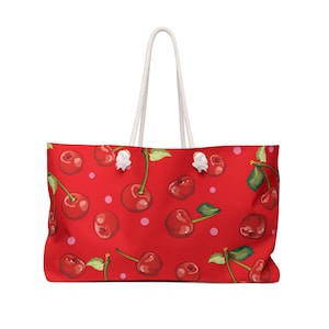 Cherry Print Weekender Bag | Cute Travel Tote for Beach, Gym, Picnic, or Weekend Trips, Vacation Bag, Summer Accessories