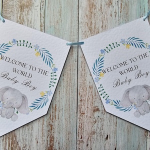 Welcome To The World Baby Boy Bunting, Elephant and Blue Flower Wreath