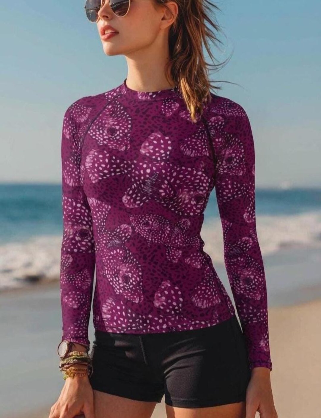 Fish Pattern Rash Guard Fish Pattern Rash Guard -hand Drawn Art, Women's Long Sleeve Swim Top ...