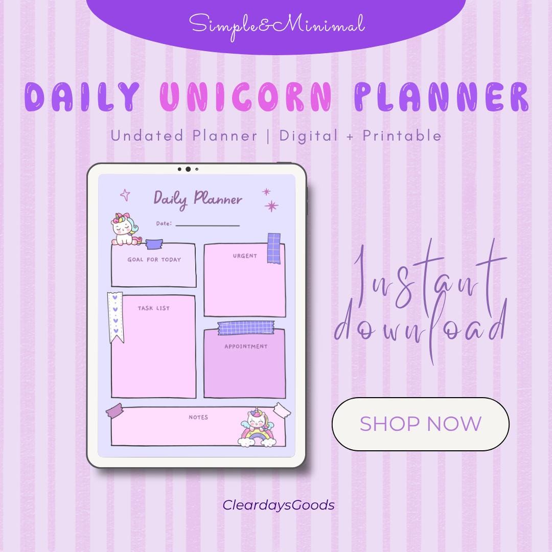 Unicorn Daily Planner | Digital & Printable PDF | Cute Pastel Unicorn ...