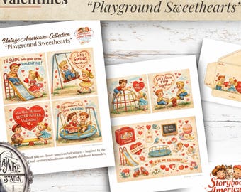 May include: Vintage Americana Valentine's Day cards featuring playground scenes with children on swings, slides, and teeter-totters. The cards have a retro style with heart-shaped designs and the text "Playground Sweethearts."