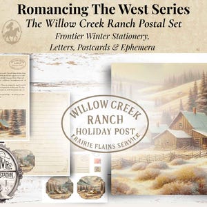 May include: A collection of frontier-themed stationery, including letters, postcards, and ephemera. The set features winter scenes with a rustic cabin and the text "Willow Creek Ranch Holiday Post". The design evokes a vintage, nostalgic feel.