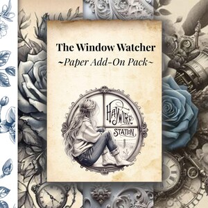 Puede incluir: Un paquete de complementos de papel titulado "The Window Watcher" presenta una ilustración vintage de una persona mirando por una ventana. La imagen incluye elementos de diseño floral y mecánico en tonos azules y grises, con el texto "Haywire Station".