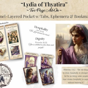 May include: A collection of ephemera and bookmarks featuring the theme of "Lydia of Thyatira." The design includes a portrait of a woman, biblical quotes, and decorative elements. The color palette is soft, with tones of purple, beige, and brown.