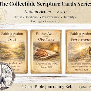 Puede incluir: Juego de tres tarjetas de escritura coleccionables de la serie "Fe en acción". Cada tarjeta presenta un tema diferente: Confianza, Obediencia y Perseverancia. Las tarjetas tienen un diseño vintage con citas inspiradoras y versículos bíblicos. Descarga digital.