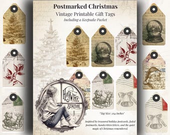 Etichette regalo natalizie vintage stampabili con pacchetto ricordo: Natale con timbro postale - Etichette per junk journal, materiale effimero per confezioni regalo (download digitale)