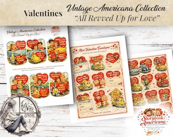 Peut inclure: Ensemble de cartes et enveloppes de la Saint-Valentin vintage Americana. Les cartes présentent des illustrations rétro de couples, de voitures et de cœurs avec des phrases comme "All Revved Up for Love". Les enveloppes sont conçues pour de petites notes.