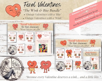 May include: A collection of Valentine's Day themed products, including vintage-style cards and bundles. The design features cartoon heart characters and the text "Feral Valentines." The products are presented with a rustic, vintage aesthetic.
