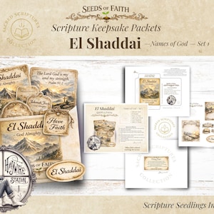 Peut inclure: Ensemble de paquets de souvenirs de l'Écriture "El Shaddai - Noms de Dieu - Set 1". Les paquets comprennent diverses cartes et étiquettes avec des illustrations de paysages de montagne et des textes religieux. Le design présente une esthétique vintage.