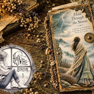 Peut inclure: Un journal intitulé Held Through the Storm avec une illustration de couverture montrant une personne en châle face à un paysage de montagne orageux. Le livre présente des coins en métal ornés, une fermeture à bouton et un logo Haywire Station.
