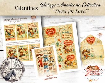 May include: A collection of vintage-style Valentine's Day cards and paper dolls with a cowboy theme. The cards feature illustrations of cowboys, hearts, and cacti, with phrases like "Shoot for Love!" and "Yeehaw Valentine!" The set includes an envelope and paper doll set.