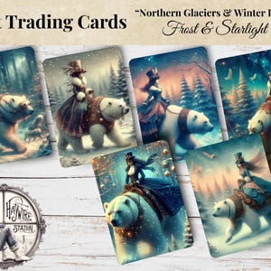 May include: Art trading cards featuring fantasy illustrations of figures riding polar bears through winter landscapes. The cards have a vintage aesthetic, with text that reads "Northern Glaciers & Winter Dreams" and "Frost & Starlight". The Haywire Station logo is also visible.