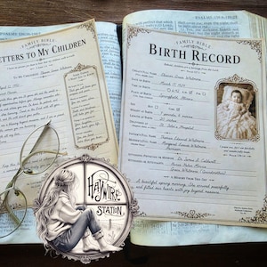 May include: Two cream-colored paper documents titled Letters to My Children and Birth Record rest on an open Bible. The Birth Record includes a vintage photograph of an infant, handwritten details, and a pair of wire-rimmed glasses nearby.