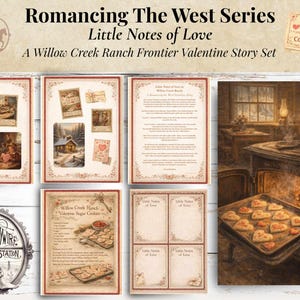 May include: A collection of vintage-style Valentine's Day themed art prints and recipe cards. The prints feature illustrations of a cozy cabin, a baking scene, and handwritten notes. The text includes "Romancing The West Series" and "Little Notes of Love".