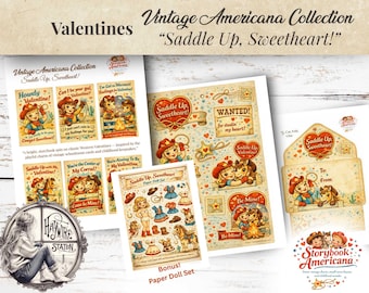 May include: A collection of vintage-style Valentine's Day cards and paper dolls with a Western theme. The cards feature illustrations of cowboys and cowgirls with phrases like "Saddle Up, Sweetheart!" and "Howdy Valentine!" The set includes an envelope and a paper doll set.