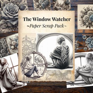 Puede incluir: Una colección de diseños de paquetes de papel de scrap con temática vintage. Los diseños presentan ilustraciones de rosas, relojes y una persona mirando por una ventana. El texto "The Window Watcher ~Paper Scrap Pack~" se muestra en el diseño principal.