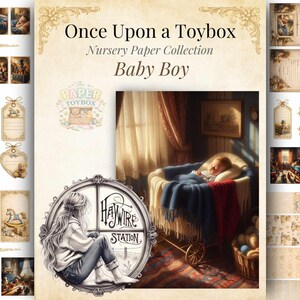 May include: A digital paper collection titled "Once Upon a Toybox" with a nursery theme. The image features a baby in a crib, tags, and illustrations. The text "Baby Boy" is visible. The Paper Toybox logo is also present.