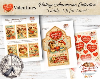 May include: A collection of vintage-style Valentine's Day cards and paper crafts. The designs feature cowboy and cowgirl characters, hearts, and phrases like "Giddy-Up for Love!" and "Howdy, Valentine!" The color palette includes red, beige, and brown.