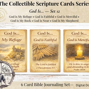 Puede incluir: Juego de tres tarjetas de escritura coleccionables de la serie "Dios es...". Cada tarjeta presenta una imagen y un texto diferentes: "Dios es mi refugio", "Dios es fiel" y "Dios es misericordioso". Las tarjetas tienen un diseño vintage.