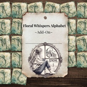 Puede incluir: Un conjunto de letras del alfabeto floral con una estética vintage. Cada letra está en una tarjeta cuadrada con un fondo floral. La imagen central muestra a una mujer mirando por una ventana, con el texto "Floral Whispers Alphabet -Add-On-".