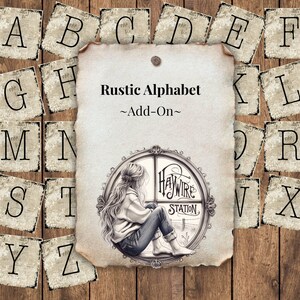 May include: A rustic alphabet set with individual letter tiles arranged around a central image. The image features a woman looking out a window with the text "Haywire Station." The text "Rustic Alphabet ~Add-On~" is also present.