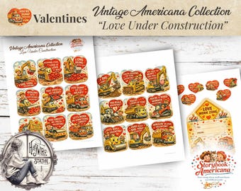 May include: Vintage Americana Valentine's Day collection featuring construction vehicles with heart-shaped messages. The designs include phrases like "I dig you, Valentine" and "Love Work Zone." The overall theme is a retro, romantic style.