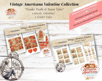 May include: Vintage Americana Valentine Collection featuring "Tender Trails & Sweet Tales." The image showcases Valentine-themed sticker sheets and cards with vintage illustrations. The collection includes "Howdy, Valentine!" and "Tender Tales" designs, perfect for crafting and scrapbooking.