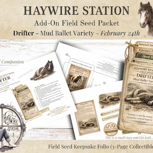 Puede incluir: Una colección de efímeras de papel de estilo vintage con ilustraciones de caballos y el texto "HAYWIRE STATION". Los artículos incluyen sobres de semillas, un folio de recuerdo y el texto "Drifter - Mud Ballet Variety - February 24th."