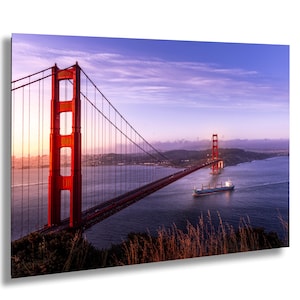 Golden Gate Bridge Sunrise Photo With Ship San Francisco Bay Morning Light Iconic California Landmark Wall Art Fog Free Colorful Sky