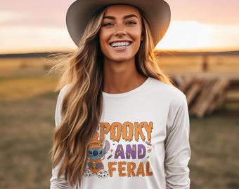 Spooky and Feral Halloween shirt, Comfort Colors Tee, Cute Halloween Graphic Tee, DTF Transfer Shirt, Fall Cartoon Shirt, Stitch Shirt