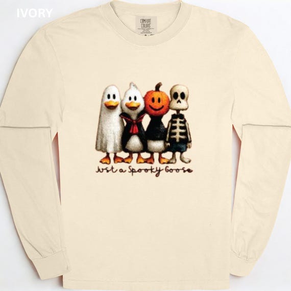 Just a Spooky Goose Shirt • Halloween Long Sleeve Tee • Cute Fall DTF Print • Goose Skeleton Top, Trendy Farm Halloween Shirt for Women