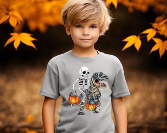 Kids Skeleton Mummy Dinosaur Halloween Shirt, Kids HalloweenOutfit, Trick or Treat Pumpkin T-Rex Costume Shirt for Boys & Girls,  Kids Tee