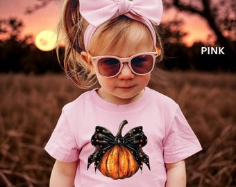 Halloween Coquette Bow Shirt, Trendy Kids Halloween Shirt, Cute Girls Fall Tee, Pumpkin Patch Outfit, Matching Fall Shirts, Black Bow Shirt