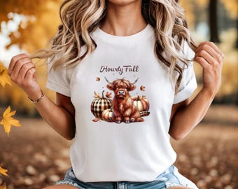 Howdy Fall Highland Cow Shirt, Cute Fall Graphic Tee, Comfort Colors Shirt, DTF Transfer Autumn Shirt,  Pumpkin Patch Cow Shirt for Women