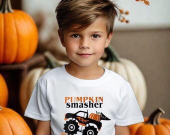 Kids Pumpkin Smasher Halloween Shirt, Boys Truck Tee, Youth DTF Print T-Shirt, Cute Kids Halloween Tee, Toddler Monster Truck Shirt, Pumpkin