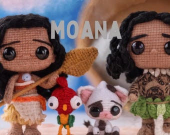 Patrón PDF de amigurumi de Moana y Maui para muñeca inspirada en Disney. Descarga instantánea.