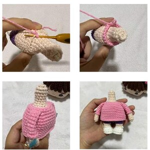 K&ouml;nnte beinhalten: Schritt-f&uuml;r-Schritt-Bilder des H&auml;kelns einer Puppe. Der Puppenk&ouml;rper ist beige, mit einem lila Rock und einem rosa Pullover. Der H&auml;kelhaken und das rosa Garn sind im ersten Bild zu sehen. Der Puppenkopf ist ebenfalls beige.