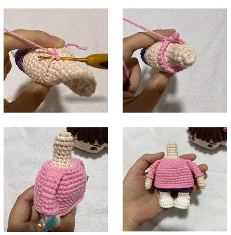 K&ouml;nnte beinhalten: Schritt-f&uuml;r-Schritt-Bilder des H&auml;kelns einer Puppe. Der Puppenk&ouml;rper ist beige, mit einem lila Rock und einem rosa Pullover. Der H&auml;kelhaken und das rosa Garn sind im ersten Bild zu sehen. Der Puppenkopf ist ebenfalls beige.