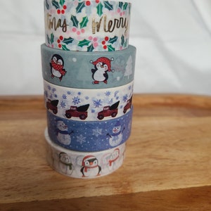 Paquete de cinta washi: juego de 5 rollos; cinta decorativa; llevar diarios, álbumes de recortes, diarios basura; pingüinos, feliz navidad, muñecos de nieve