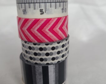 Washi tape bundle- set of 6 rolls; decorative tape; journaling, scrapbooks, junk journals; black, white & pink set.