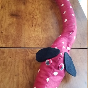 Draft stopper; wind blocker;  dachshund, dog; energy saver; draught excluder; pre-filled; fun cotton polka dot fabric; red w/lt beige dots