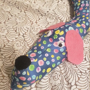 Dog draft stopper; draught excluder; light blocker; blue with multi color dots fabric; pre filled